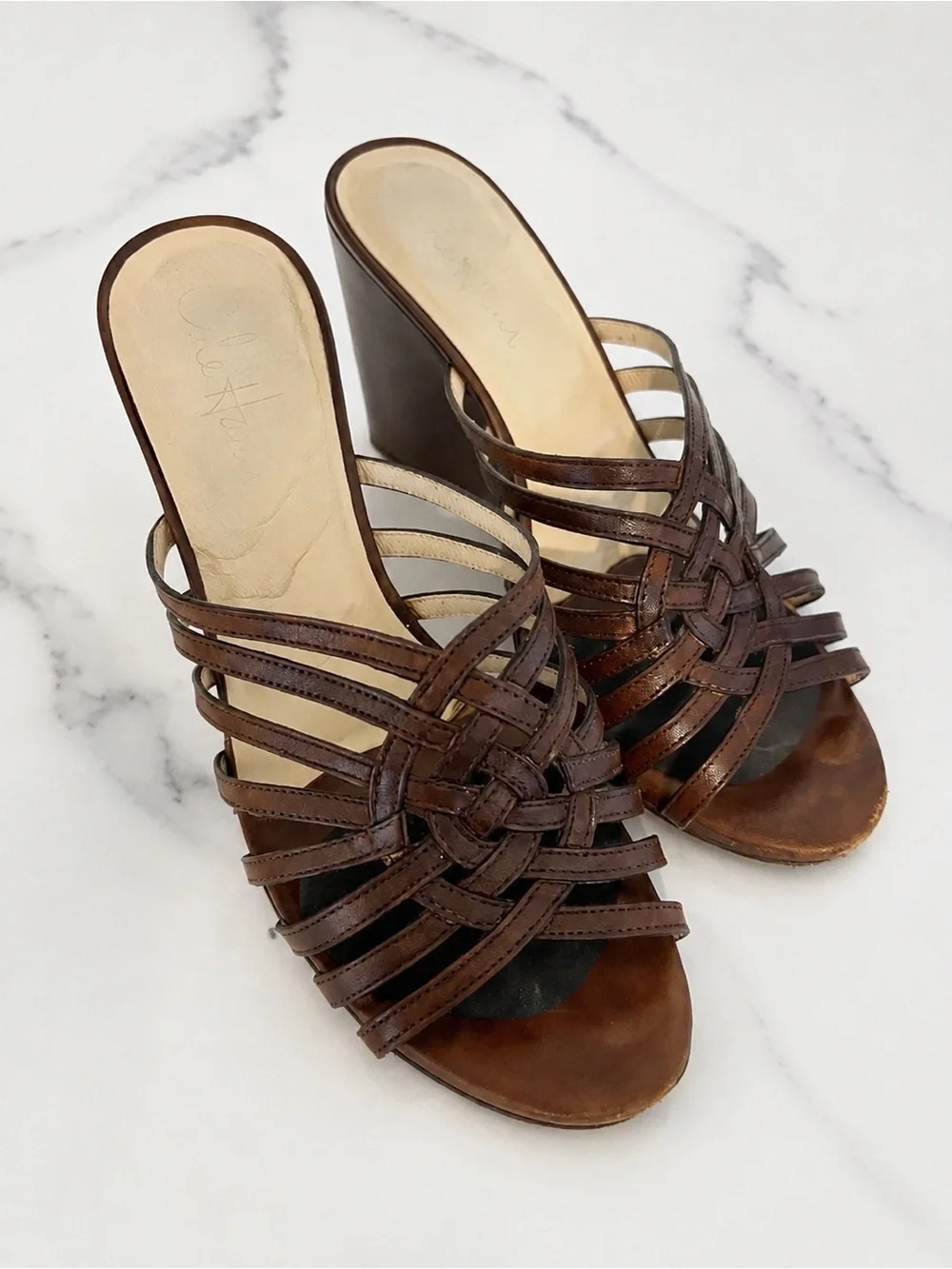Cole Haan Brown Woven Leather Wedge Mules